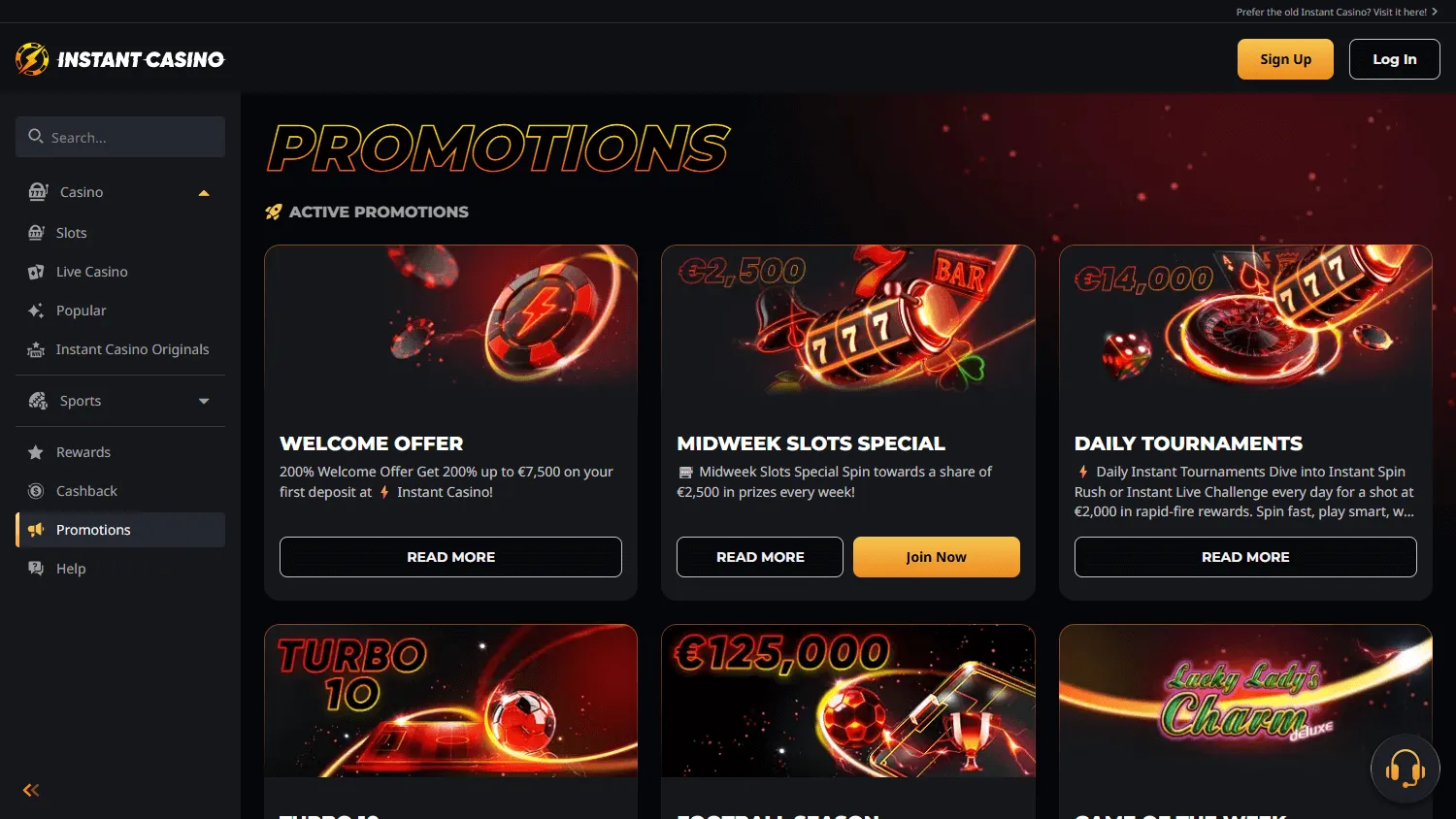 Instant Casino desktop promotions including tournaments and rewards