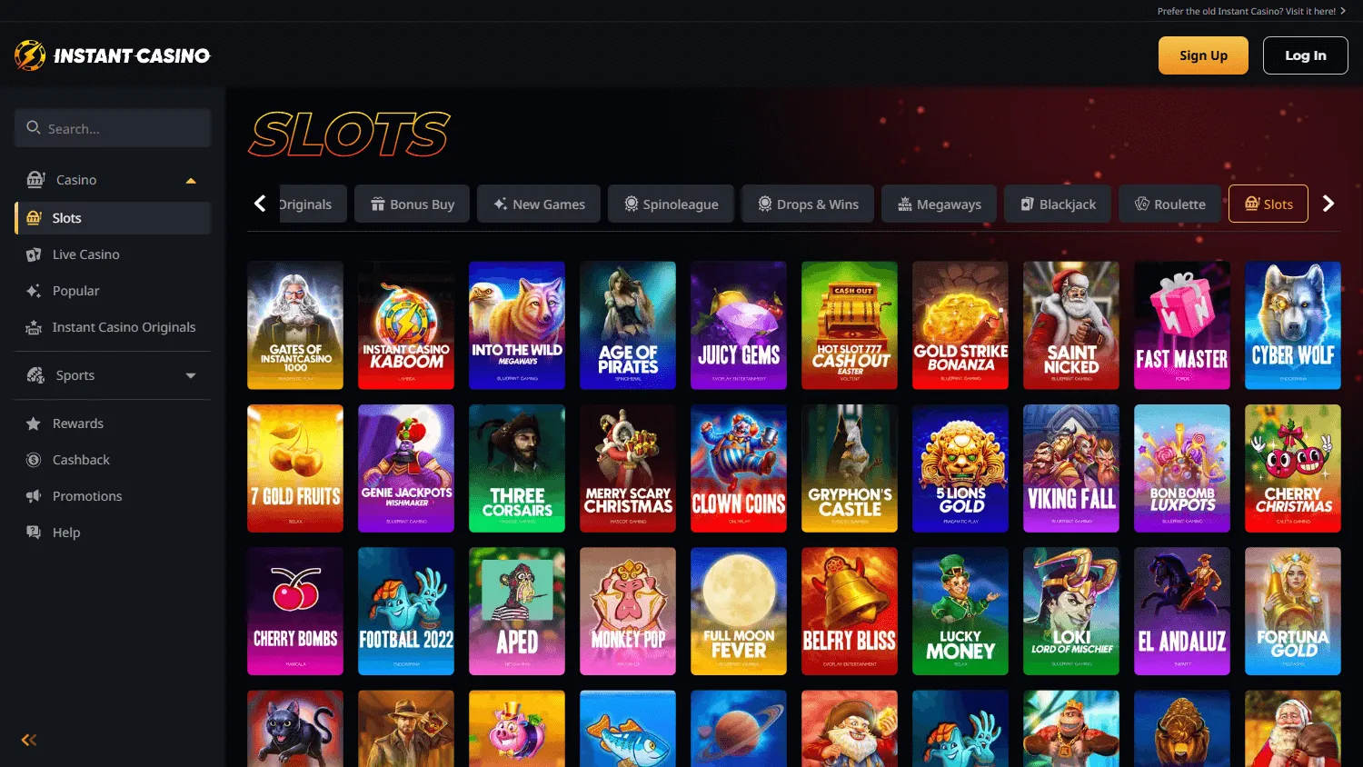 Instant Casino desktop casino library with pokies and live games