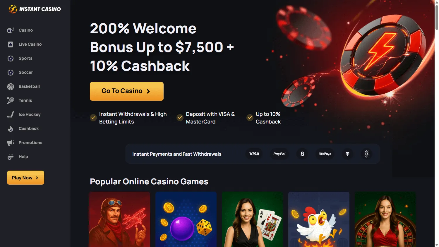 Instant Casino desktop home experience for Australian players