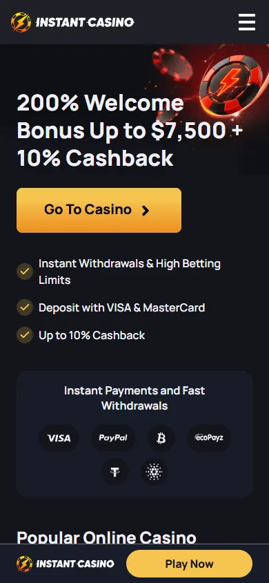 Instant Casino mobile home experience on a phone